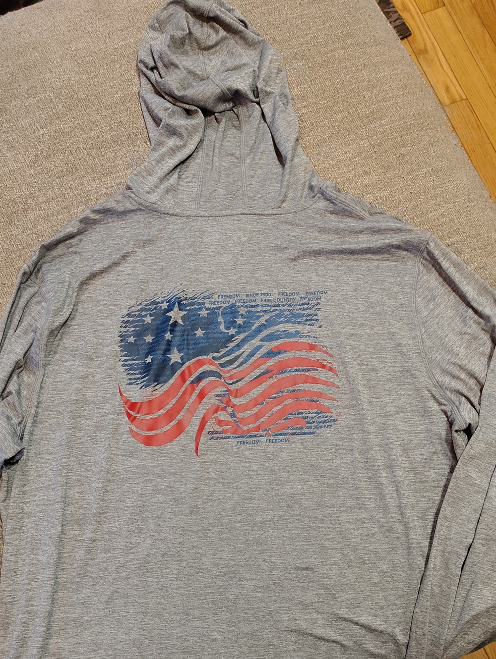 Gray Hooded Tee with Distressed American Flag Graphic